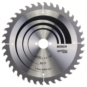 Lame de scie circulaire Optiline à pointe en carbure pour le bois, le bambou et les travaux manuels, 40 dents, alésage 30 mm, tranchée 3,2 mm, diamètre extérieur 250 mm, Bosch - Product Image 3