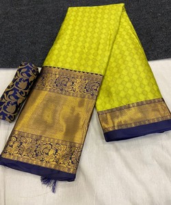 NUEVA LLEGADA ALGODÓN SEDA JACQUARD TRABAJO SAREE CON BLUSA SIN COSTAR ROPA DE BODA PRECIO AL POR MAYOR ROPA ÉTNICA VERDE AMARILLO - Product Image 1