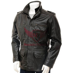 แจ็กเก็ตหนังสีดำของผู้ชายที่มีดีไซน์ที่ยอดเยี่ยมมีกระเป๋าหลายแบบและซับในผ้าซาติน-เสื้อนอกแฟชั่น - Product Image 1