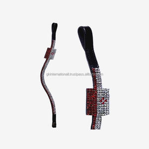 Haute qualité 3 rangées de cristaux forme légèrement incurvée drapeau allemand bandeau pour cheval en finition noire en cuir véritable taille personnalisée - Product Image 4