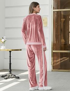 Survêtement en velours pour femme-Ensemble de salon 2 pièces avec sweat-shirt et pantalon de survêtement, tenue en velours zippée avec poches pour tenue décontractée - Product Image 5