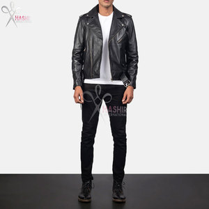 Veste de motard en cuir véritable noir de qualité supérieure pour hommes, vêtements de moto avec col montant et tissu en toile - Product Image 1