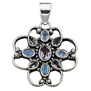 Colgante de Plata 925 Hecho a Mano con Oro Rosa, Amatista y Piedra Lunar, Diseño de Flor - Product Image 2
