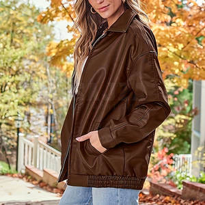 Blouson aviateur en cuir pour femmes à la mode vêtements d'extérieur élégants avec taille côtelée pour streetwear et style quotidien - Product Image 4