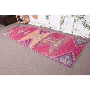 Tapis Vintage Bohème Laine 3.2X8.9 pieds Écologique Pile Moyenne Rose et Orange Géométrique Patchwork Design Latex Support - Product Image 1