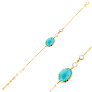 Turquoise 22K Gold Bezel Oval with CZ Stone Charm <b>Bracelet</b> Handcrafted 925 Sterling Silver for Woman Jewelry - Product Image 1
