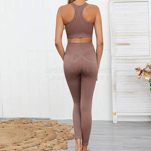 Conjunto de Yoga sin costuras de 2 piezas sólido de alta calidad para mujer Spandex transpirable/poliéster gimnasio Fitness ropa deportiva - Product Image 5
