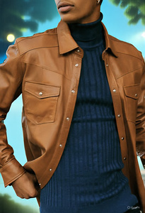 Letterman Button up PU <b>Leather</b> <b>Shirts</b> Men Customize Long Sleeve Button Down Chest Pocket <b>Leather</b> <b>Shirts</b> Men's - Product Image 3