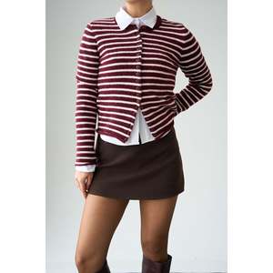 <b>Burgundy</b>- Thin Striped <b>Cardigan</b> - Product Image 1