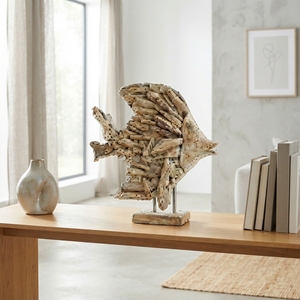 Sculpture artisanale de poisson dory en bois flotté, statue nautique rustique en teck sculpté, avec base en bois, pour décoration de table ou d'appoint. - Product Image 5