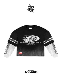เสื้อครอปแขนยาวโอเวอร์ไซส์สำหรับผู้ชายของโมนาร์ค แอธเลติกส์พร้อมลายพิมพ์สตรีทแวร์ชุดสีดำขาวตัดขอบสีขาว - Product Image 3