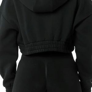 Sudadera corta con capucha para mujer, 55% algodón, 45% licra, estilo de hombro con cremallera completa, color negro - Product Image 6