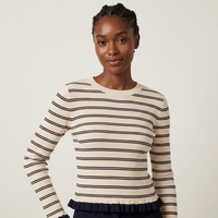 Pull en tricot rayé pour femme, col rond, manches longues, ourlet à volants, noir et blanc, tricot décontracté, fabrication OEM sur mesure, vente en gros