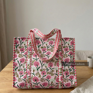 Bolso Tote de Algodón Acolchado con Estampado a Mano de Jaipur, Grande, Rosa Floral, Bolso de Playa para Mujer - Product Image 6