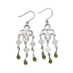 Exclusivo peridoto pedra preciosa 925 prata esterlina flor design longo gota dangle brincos de prata jóias distribuidor