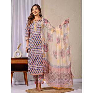 Blue <b>Block</b> <b>Printed</b> Anarkali Kurta Pant Set Indian Ethnic Style with Embroidery Work for Party Wear Made From Net Cotton - Product Image 5