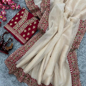 Élégant Léger Belle Broderie Élégant Mariage Convient Soie Douce Avec Banarashi Crush Tissu Saree Traditionnel - Product Image 1