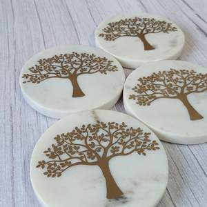 Nature inspire tree inlay gold Handcrafted <b>Marble</b> <b>Coasters</b> Artistic Dining Elegant Home Decor Luxurious Chic Accent Mats & Pads - Product Image 1