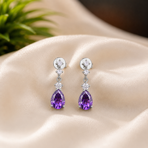 Boucles d'oreilles pendantes en argent sterling 925 avec pierre précieuse en forme de poire violette et moissanite ronde en forme de goutte d'eau pour mariage et soirée - Product Image 1