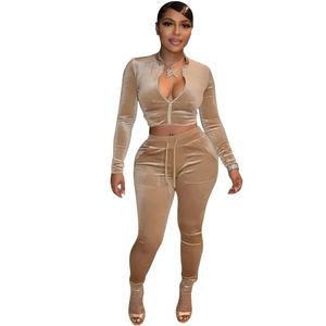 Ensemble deux pièces skinny assorti en velours pour femmes haut court à col zippé + pantalon à cordon de serrage survêtement fournisseur RTS en gros - Product Image 5