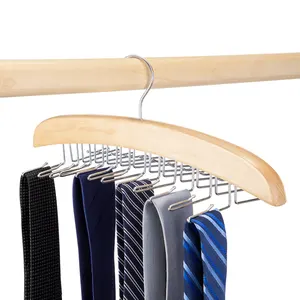 Multifunctional Solid Wood Hangers Wooden Belt Tie Hanger With 12 Metal Hooks