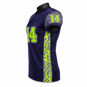 เสื้อฟุตบอลอเมริกันแบบกำหนดเองสำหรับผู้ชาย เสื้อตาข่ายระบายอากาศพร้อมหมายเลขสีนีออน แขนเสื้อลายพราง ชุดทีม OEM เสื้อฟุตบอลแบบซับลิเมชั่น - Product Image 3