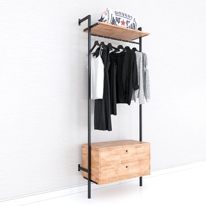 KQA68053 Perchero de pie con cajones, de madera de caucho y estructura de hierro, que ahorra espacio, con ratán y acero, para guardar corbatas en armarios. - Product Image 1