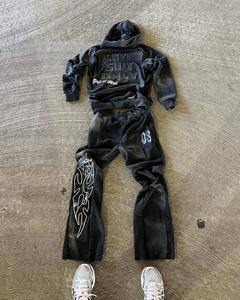 Custom <b>Silica</b> Graphic Tracksuit 100% Cotton Stacked Streetwear Acid Wash Hoodie and Flared Baggy Sweatpants Set for Men - Product Image 2