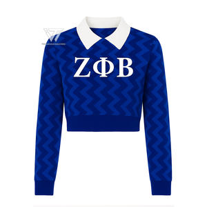 Greek Zeta Phi Beta Sorority Embroidered Zig Zag <b>Knitted</b> Hybrid Turn Down Collar Crop College <b>Cardigan</b> Cotton Sweater - Product Image 1