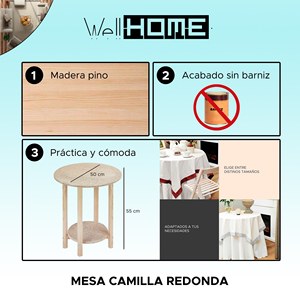 WELL HOME Mesa Redonda con Pedestal, Acabado Sin Barnizar, 5x50x55 cm, para Mesitas de Noche - Product Image 2