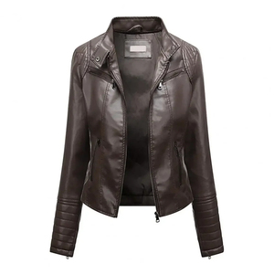 Chaqueta de cuero para mujer, prendas de vestir de otoño, chaqueta de piel sintética ajustada de Color sólido, cuello levantado, bolsillos de manga larga, abrigo de motorista con cremallera - Product Image 1