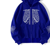 Blue Skeleton Zip Up Hoodie con Rhinestone Rib Cage y Spider Web Design Streetwear Chaquetas de moda de invierno unisex de gran tamaño