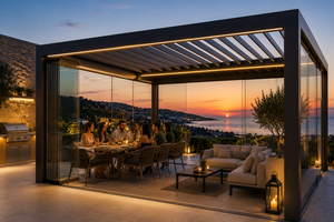 Pérgola Moderna de Aluminio con Recubrimiento en Polvo Blanco, Estructura Rectangular para Patio Trasero con Iluminación LED y Techo de Madera - Product Image 3