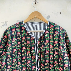 Chaqueta acolchada con estampado de bloque de mano indio para mujer, Jersey transpirable de algodón con estampado Floral, botones reversibles, ropa de abrigo informal - Product Image 1
