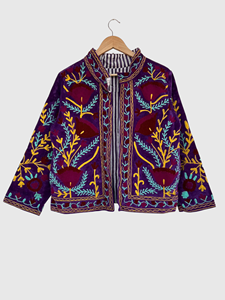 Veste en velours violet brodée, manches longues, col mandarin, broderie florale faite à la main, vêtement d'automne pour adulte - Product Image 1