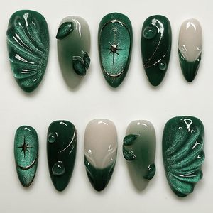 Lot de 24 faux ongles 3D vert ondulé effet œil de chat français, transparents, de luxe, en forme d'amande, pour salon ou DIY, à presser - Product Image 1