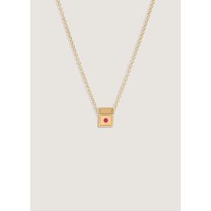 Customizable Gold <b>Necklace</b> with <b>Ruby</b> Birthstone Charm Rhodium Plated Diamond Set in Bezel Religious Style Handcrafted in India - Product Image 1