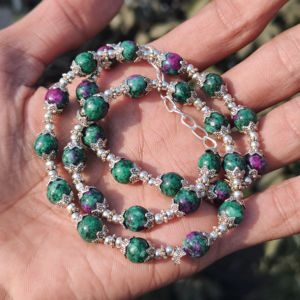 Natural Ruby Zoisite Beaded <b>Necklace</b> 8mm Smooth Round Beads Green Ruby Zoisite Gemstone <b>Necklace</b> <b>Sterling</b> <b>Silver</b> Gift For Her - Product Image 1