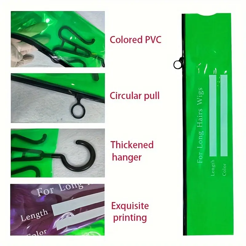 Saco de embalagem Zip Lock para perucas de cabelo, saco plástico de PVC para perucas personalizadas, saco de armazenamento com cabide