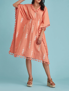 Vestido Largo Informal Tipo Kaftan Naranja para Mujer, Manga Larga con Bordado de Encaje, Suministro ODM, Cintura Natural, 100% Algodón, Verano - Product Image 2