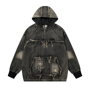 Nueva tendencia de moda Sudaderas con capucha de mezclilla Estilo Wasteland Costura lavada Hombres Casual Regular Fit Invierno Impreso 100% Algodón - Product Image 1