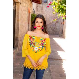 Chemise à fleurs orange brodée pour femmes, style ethnique, avec manches transparentes, tenue décontractée - Product Image 3