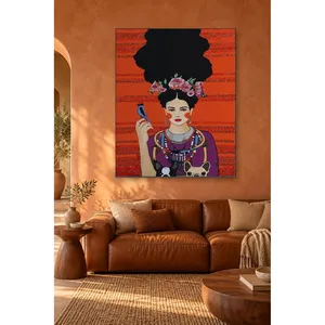 Fida, femme avec couronne de fleurs et chiens sur fond rouge, impression sur toile - Product Image 1