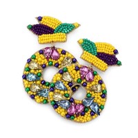 Boucles d'oreilles pendantes tendance Mardi Gras en perles de rocaille, motif gâteau du roi, couleur violet/jaune-vert, bijoux unisexes de la Nouvelle-Orléans
