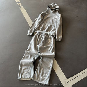 Ensemble de jogging uni imprimé bouffant Streetwear surdimensionné survêtement 2 pièces sweat à capuche court et pantalon de survêtement ensemble survêtements bouffants pour hommes - Product Image 3