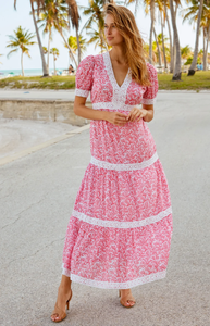 Floral Printed Light <b>Pink</b> Color Digital Printed Short Sleeves V-Neck Ankle Length Printed Maxi Dress - Product Image 3