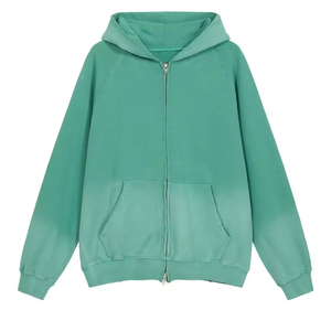 Sweats à capuche zippés pour hommes en polaire unie délavée à l'acide effet soleil, style urbain épais, avec logo personnalisé brodé pour hommes - Product Image 3