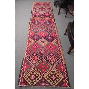 Vintage Kilim <b>Runner</b> Rug 3.1x13.1 ft (94x399 cm), Turkish <b>Red</b> Striped Wool Rug - Product Image 1