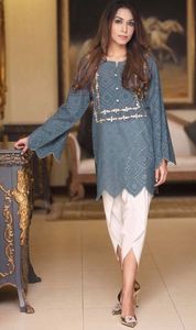 <b>White</b> Linen Churridar Suits with Blue Embroidery Embossed Loose Fit Traditional Indian Pakistani Casual Wear Women Ankle Length - Product Image 4