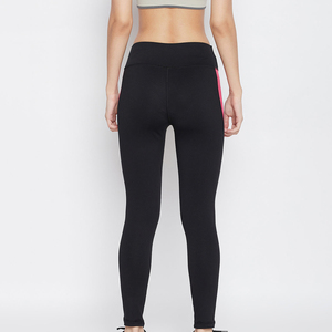 Leggings de yoga de cintura alta con bloques de color y franjas laterales rosas y beige, pantalones elásticos de longitud completa con cintura elástica y elasticidad en cuatro direcciones. - Product Image 2